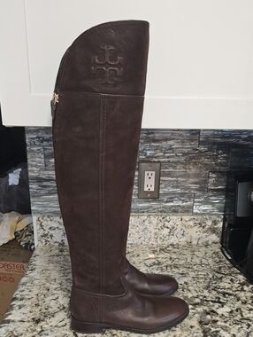 Tory Burch Dark Brown Over-the-Knee Leather & Suede Boots